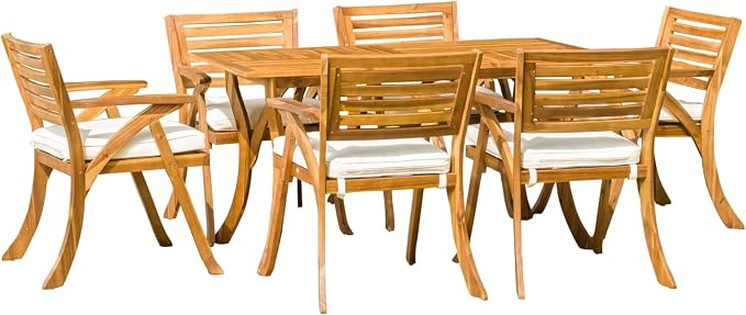 Merax 7 Piece Outdoor Dining Set for 6, Hermosa Acacia Wood Teak Finish Rectangle Table and 6 Chairs with Beige Cushion