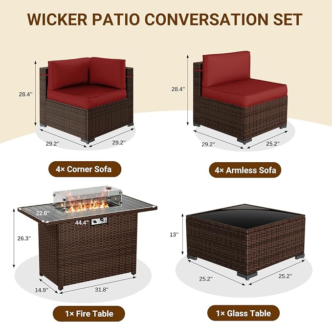 Patio Furniture Set with 44'' Propane Gas Firepit Table, 10 PCS Modular Outdoor Sectional Conversation Sets, All-Weather Wicker Patio Set for Backyard, Wine (Waterproof Covers Included)