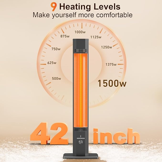 Outdoor Patio Heater with 9 Heat Levels,Space Heater for Garage Backyard Room Indoor,1500W Fast Electric Infrared Heater,9H Timers,Waterproof,Child Lock