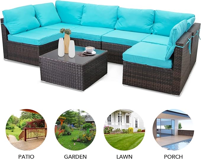 7 Pieces Outdoor Patio Furniture Sets,Rattan Conversation Sectional Set,Manual Weaving Wicker Patio Sofa with Tea Table