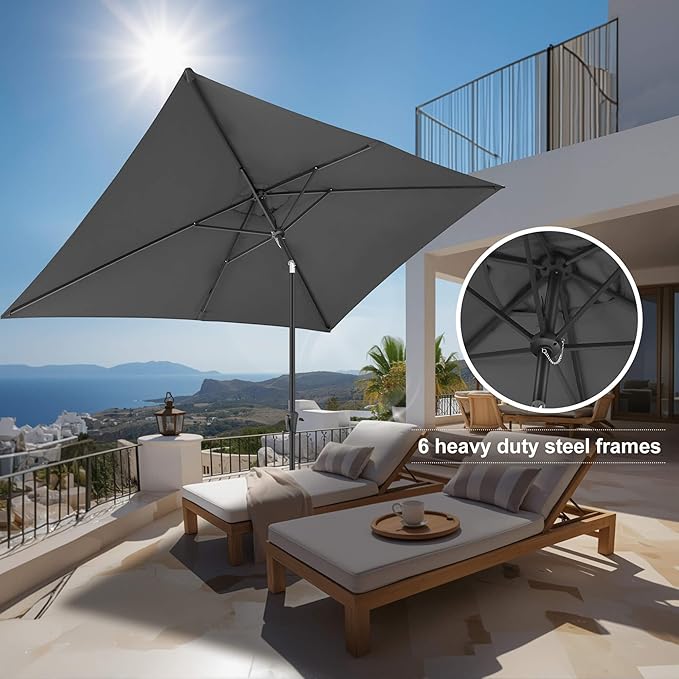6.5 x 10 FT Rectangular Patio Umbrella - Rectangle Umbrella Outdoor with Tilt and Crank, UV Protection, Table Umbrella for Deck, Backyard, Pool and Beach, Anthracite