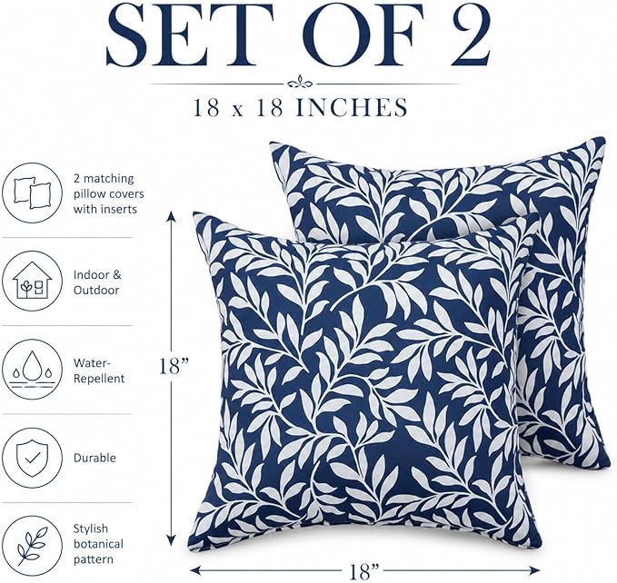 Outdoor Pillows 18"x18" Waterproof Decorative Pillows with Inserts | Set of 2 Fade Resistant Patio Throw Pillows for Garden Porch Couch and Patio Furniture