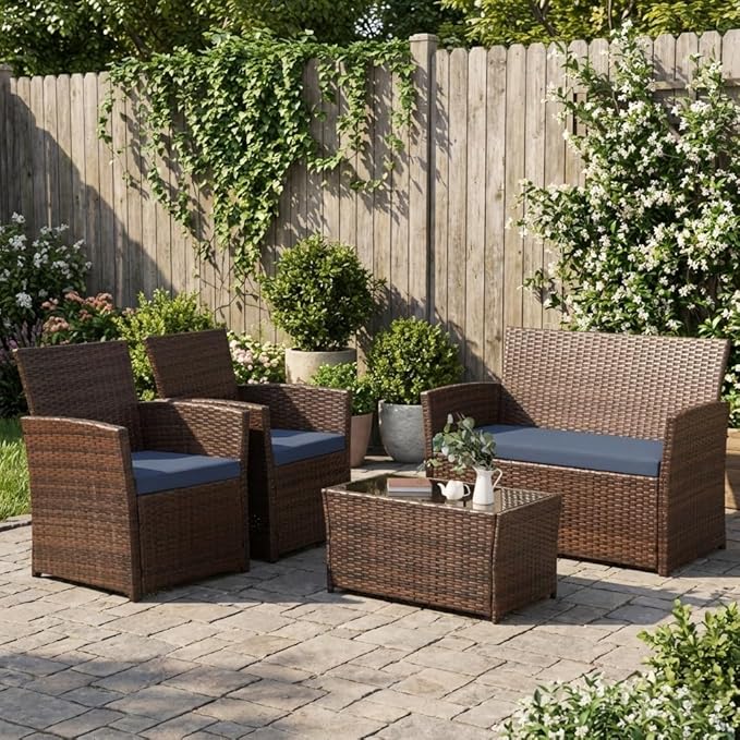 FHFO 4 Piece Outdoor Patio Furniture Sets, Patio Sectional Furniture Conversation Sofa Set, Rattan Table and Chairs and Loveseat with Cushions for Outside Balcony Porch Backyard (Brown-Blue)