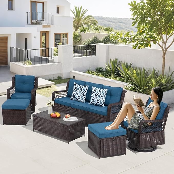 6 Pieces Wicker Patio Furniture Set Conversations Sets, 2 Outdoor 360° Swivel Chairs, Patio Swivel Chair with Table and Ottoman for Garden, Poolside, Backyard (Peacock Blue)