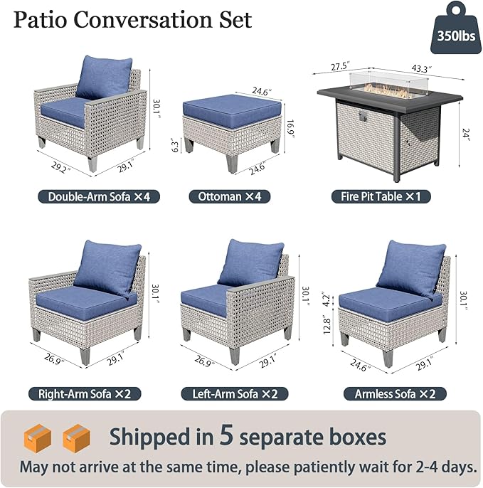 Outdoor Patio Furniture Set with Fire Pit Table 15-Piece Modular Wicker Sectional Sofa with Ottomans and Thick Cushions, Modern Rattan Outdoor Conversation Couch, Navy