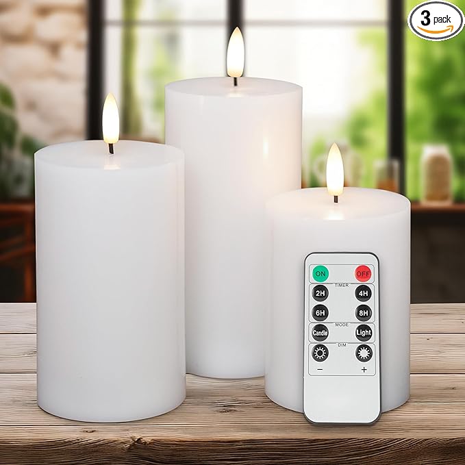 White Flameless Pillar Candles, Battery Operated Wax Candles with Remote, Flat Top Flickering Flameless Candles, LED Candle for Home, Wedding, Party Decor, Set of 3, Φ 3" H 4" 5" 6"