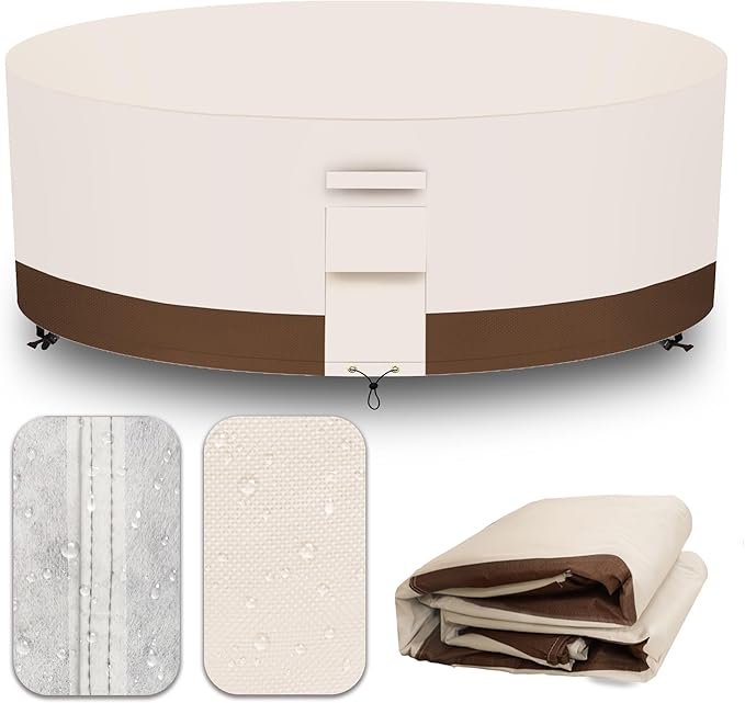 Heavy Duty Patio Furniture Covers Waterproof, 600D Round Outdoor Furniture Cover Waterproof for Sectional Sofa Couch, Outdoor Dining Table and Chair Set Covers 110"DIA x 28"H, Beige Brown