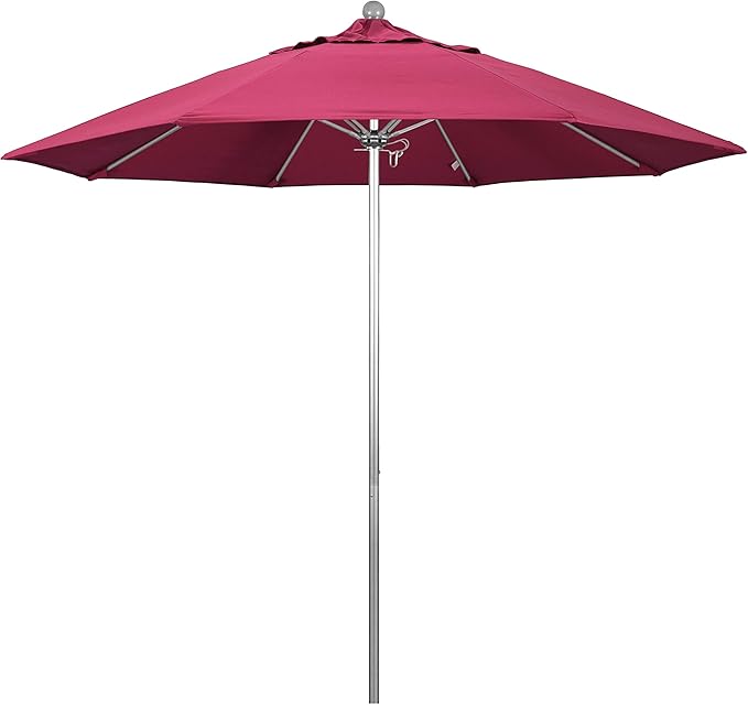 California Umbrella 9' Rd. Venture Series Contract Grade Patio Umbrella, Push Open Pin Stop, Silver Finish, Sunbrella Hot Pink
