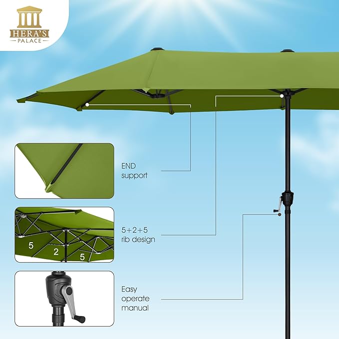 HERA'S PALACE 13 ft Patio Umbrella Double-Sided Outdoor Market Umbrella Rectangular Large with Crank for Patio Shade Outside Deck or Pool, Lime