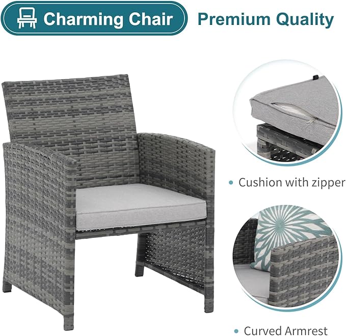 OC Orange-Casual 5 Piece Patio Furniture Set, Wicker Outdoor Conversation Chair and Ottoman Set with Coffee Table, Pillows Included, for Balcony, Porch, Deck, Light Grey