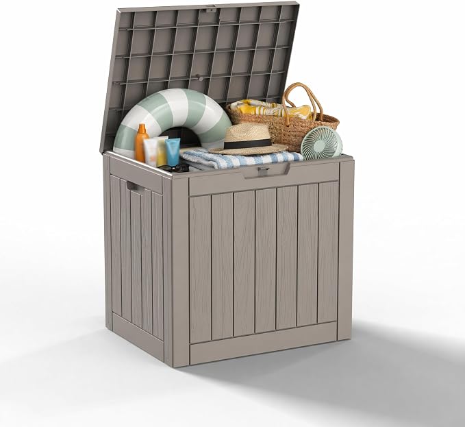 35 Gallon Outdoor Deck Storage Box, All Weather Lockable Storage Container for Backyard, Deck & Pool Side Outdoor Storage (Grey,35GAL)