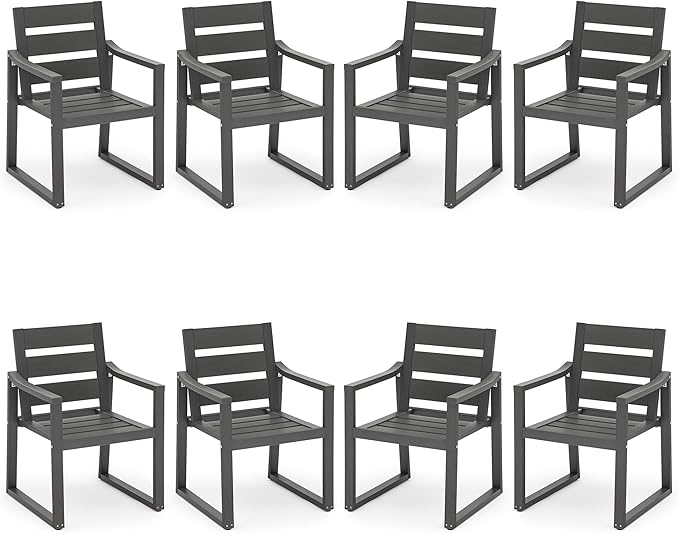 Cozyman HDPS Outdoor Dining Chairs Set of 8, 350 LBS, Patio Dining Chairs with Armrest, All Weather Outdoor Kitchen Chairs with Square Frame Legs for Outdoor Indoor, Lawn, Garden, Backyard, Dark Gray