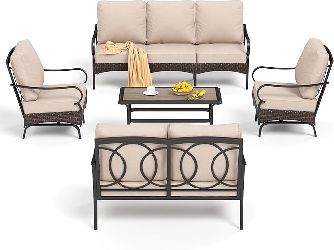 PHI VILLA Outdoor Modern Patio Furniture Set, Upgraded Wicker & Metal Patio Conversation Set with Waterproof Thick Cushions for Porch, Poolside, Yard (5 Pieces,Beige)