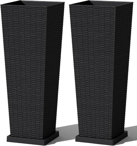 Greesum Set of 2 Tall Plastic Planters with Saucer, 32 Inch Large Pots with Drainage Trays, Weather-Resistant Plastic Plant Containers for Patio, Porch, Garden,Black