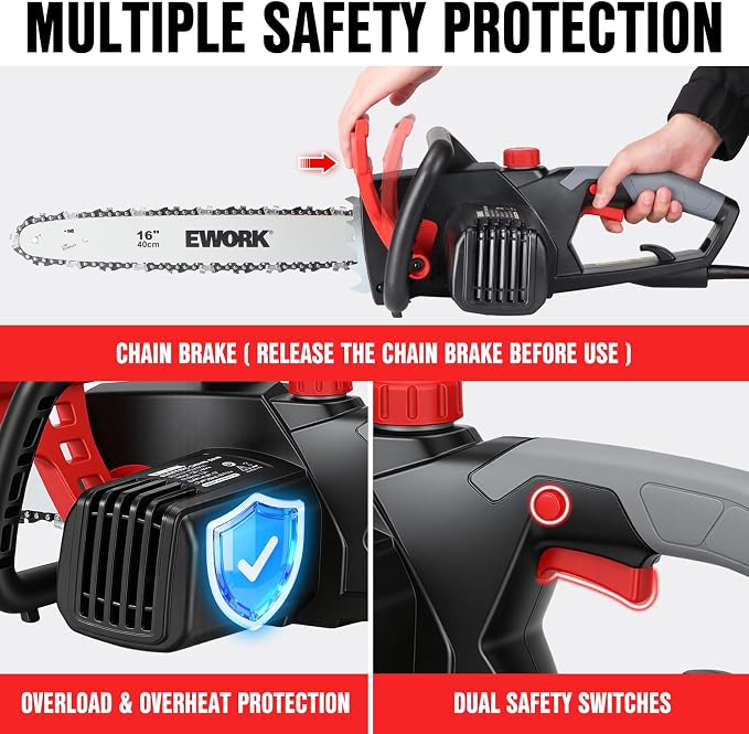 EWORK Electric Chainsaw Corded 16-Inch 15 Amp Electric Chain Saws, Corded Chainsaw with Tool-Free Chain Tension, Auto Oiling, Low Kickback, Electric Chainsaw for Tree Cutting, Pruning, Firewood