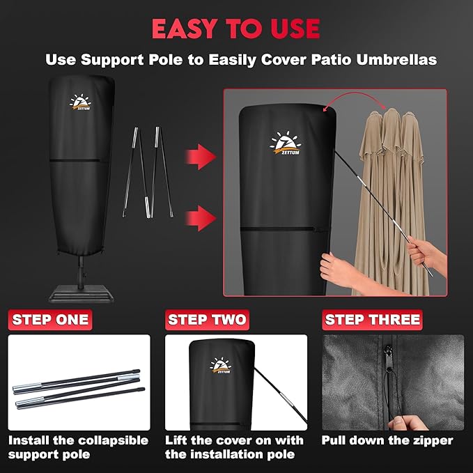 Zettum Patio Umbrella Cover - 600D Umbrella Covers Waterproof & Heavy Duty, Outdoor Umbrella Covers with Zip, Patio Parasol Cover Provide All-Weather Protection, Fit Double-Sided Umbrellas 13-15 FT