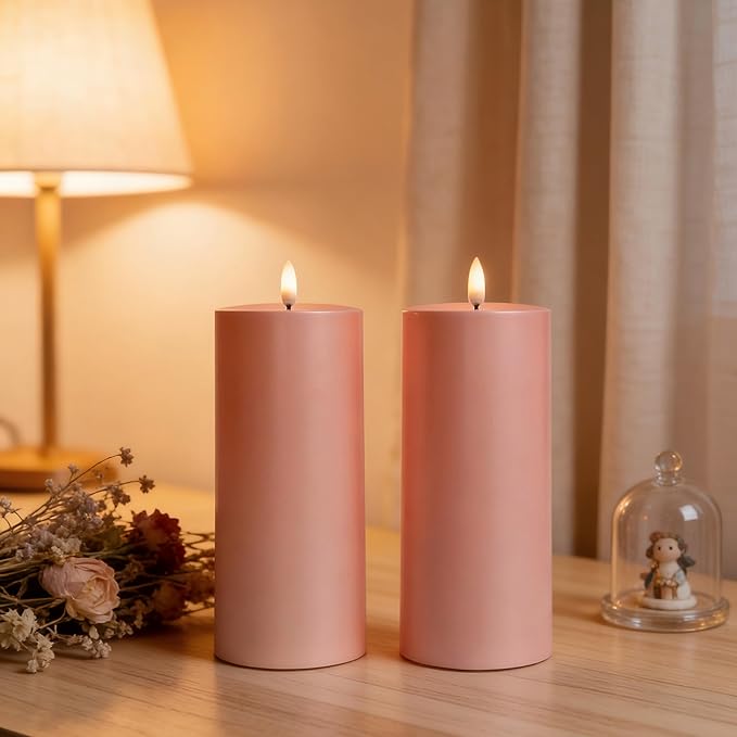 Pink Flameless Pillar Candles 3x8 Set of 2, Outdoor Battery Candles for Room Decor, Weather-Resistant Decorative Candles for Table Centerpiece
