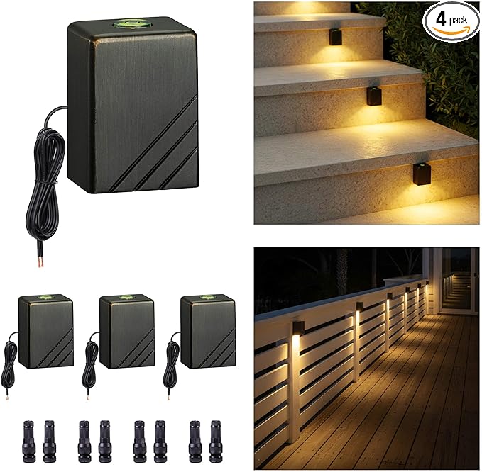 Gardenreet Low Voltage Landscape Deck Lights - Solid Brass LED Wall Light, Outdoor IP65 Waterproof Hardwired Lighting for Step Fence Handrail 2700K Warm White 3W 216LM 4 Pack