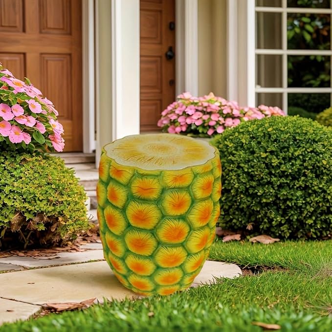 14" Pineapple Stool Side Table Home Decor, Weather Resistant Resin Garden Stool Plant Stand, Multi-Purpose Fruit End Table for Patio, Balcony, Indoor & Outdoor Decoration
