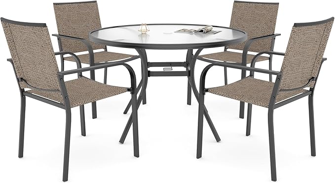 Anmutig 5-Piece Outdoor Patio Dining Set, 40-Inch Round Glass Table with 4 Stackable Chairs, Beige Grey