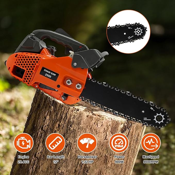 25.4CC Gas Chainsaw 12 Inch Gas Powered Chainsaw 2 Stroke Handheld Petrol Gasoline Chain Saw Cordless Wood Cutting Machine for Cutting Wood Outdoor Home Farm Use