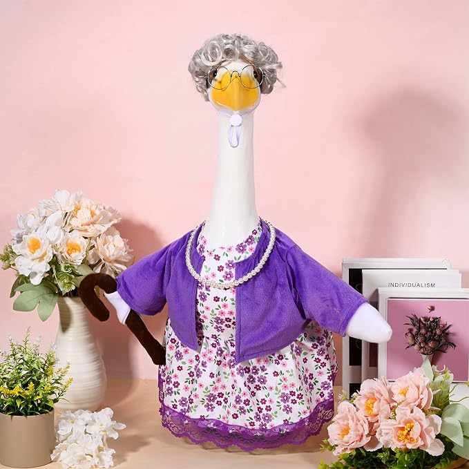 JcHrmers Old Lady Goose Outfits Porch Goose Clothes Fits 23" Cement Plastic Goose Statue Grandma Goose Outfit with Wig Glasses Pearl Necklace for School Outdoor Garden Lawn Yard Patio Art Decor