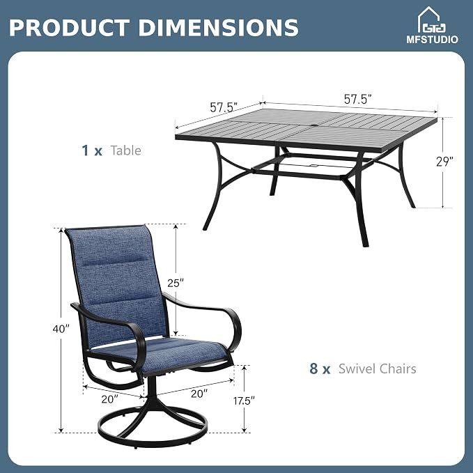 MFSTUDIO Outdoor Dining Set for 8, Metal Table w/Swivel Chairs, Navy Blue | Padded textilene chairs, High back, Ergonomic Design, Umbrella hole, Weather reistant, Patio deck garden backyard