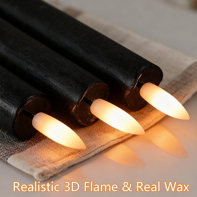GenSwin Black Flameless Taper Candles with Remote, Halloween Flameless Candles Battery Operated, LED Halloween Candlesticks with 3D Wick for Home Decor(Set of 3, 0.78” x 9.6”)