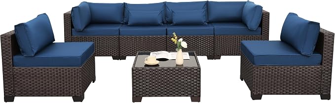 Rattaner Outdoor Sectional Sofa Set 7 Pieces Wicker Patio Furniture Couch Glass Table with Non-Slip Cushions Furniture Cover, Navy Blue