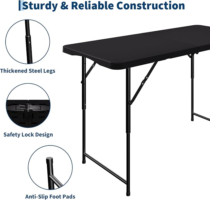 Garvee 4ft Folding Table HDPE Foldable Table with Carrying Handle 3 Adjustable Height Settings Metal Frame Support Up to 400LB Portable for Picnic Camping Party Indoor & Outdoor Use, 1 Pack Black