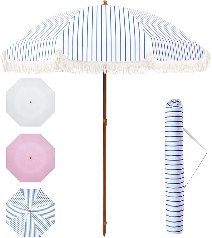 Aoxun 7ft Patio Umbrella with Fringe,Outdoor Beach Umbrella with Aluminum Pole, Ribs Push Button Tilt and Carry Bag, UV 50+ Picnic Tassel Umbrella (Blue&White)