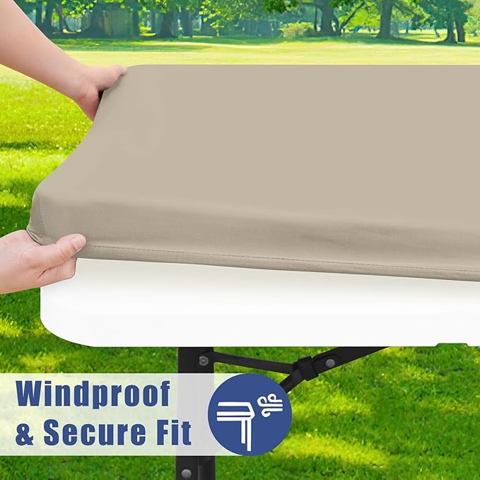 Moosfor Spandex 4 Foot Rectangle Table Cloth 2 Pack, Elastic Fitted Tablecloths for Picnic, Stretch Washable Patio Table Cover for Outdoor, Camping, Banquet and Parties (Taupe, 30"x48")