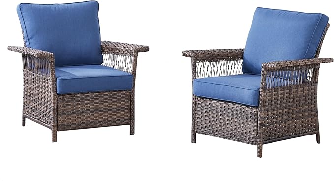 Outdoor Patio Chairs Wicker Chair - 2 Piece Rattan Patio Furniture Chairs Set with Sturdy Frame,All-Weather PE Wicker and Comfortable Cushions for Outside Porch Deck Balcony(Brown/Blue)