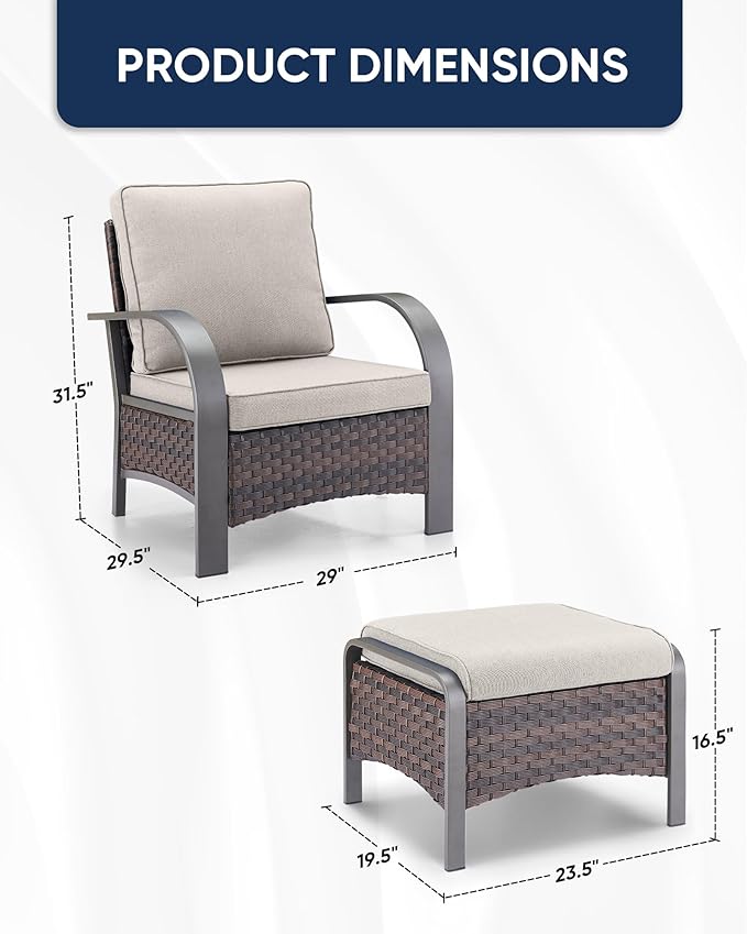 HUMMUH Outdoor Wicker Chairs Set of 2-All Weather Rattan Wicker Patio Chairs with Ottoman Small Outdoor Furniture Set for Deck Porch Garden Poolside Backyard-Brown/Beige