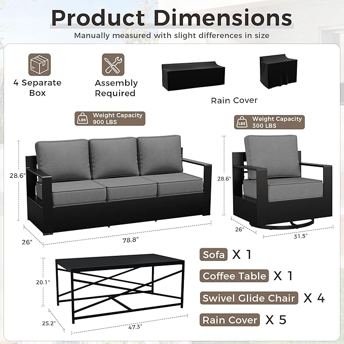 Outdoor Patio Furniture Set, 6-Piece Aluminum Patio Conversation Set All-Weather Metal Outdoor Sectional with 6 Inch Thick Cushions, Deep Setting for Garden, Outside and Porch, Grey
