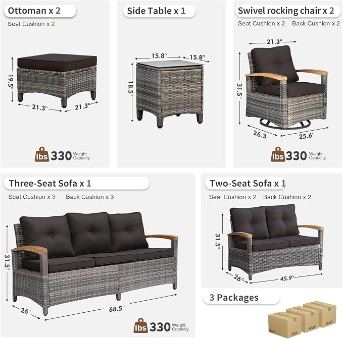 MEISSALIVVE 7 Pieces Outdoor Patio Furniture Sets, Wicker Patio Conversation Sets with 2 Wood Armrests Swivel Glide Chairs, Outdoor Couch for Deck Yard and Poolside (Black)