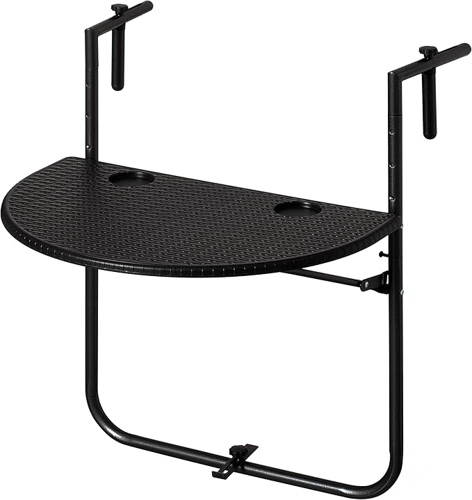 Gardenised, Indoor and Outdoor Rattan Decorative Foldable Balcony Hanging Table, Railing Bar Serving Table, Adjustable Hight 3-Level, Balcony and Garden Deck, Rust Proof (Black)