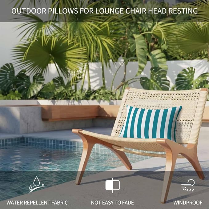 Teal Striped Outdoor Chaise Lounge Head Pillow with Insert,Simple Art Vertical Stripe Farmhouse Waterproof Headrest Lumbar Pillow Cusion Cover with Elastic Strap for Patio Beach Recliner,12"x20" 1PCS
