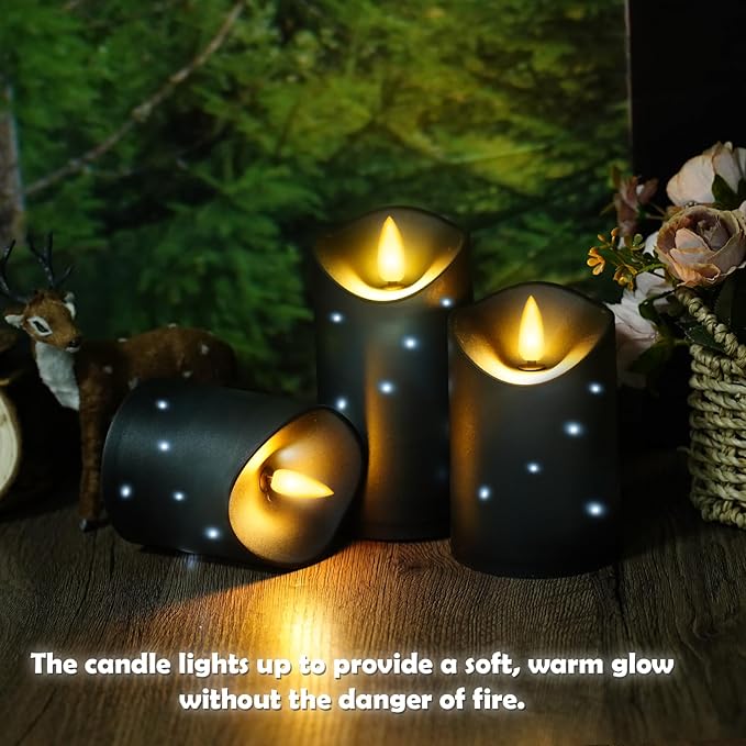 kakoya Outdoor Waterproof Flickering Flameless Candles with Embedded Star String,3Pcs LED Pillar Candles Battery Operated with Remote and Timers for Courtyard,Porch,Camping,Holiday Decoration(Black)