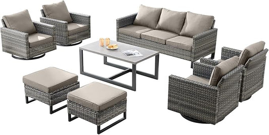 Wicker Outdoor Patio Furniture Set - 8 Piece Patio Conversation Set with 4 Swivel Rocker Chairs,2 Rattan Ottoman,1 Couch and 1 Metal Coffee Table for Outside Porch Deck Backyard(Mixed Grey/Grey)