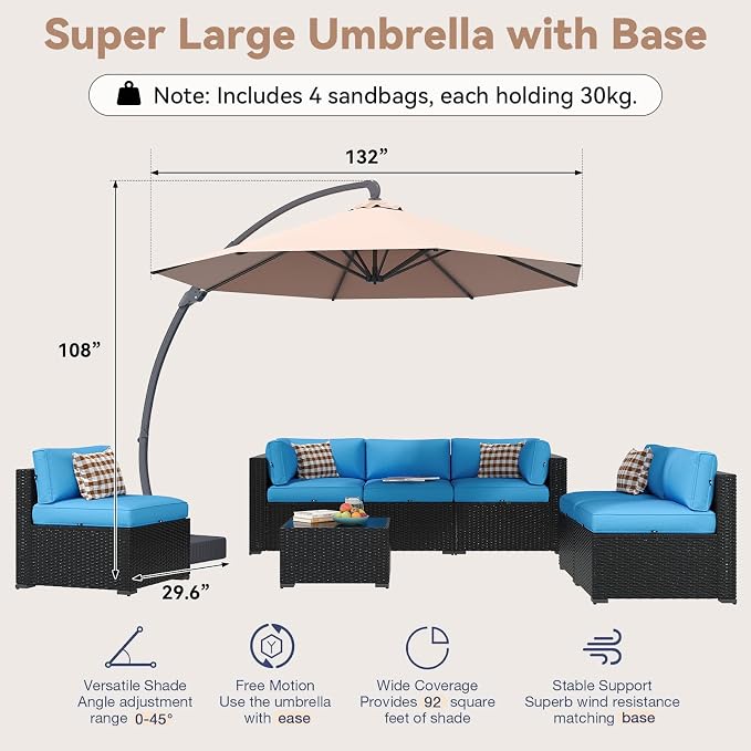 Aoxun Patio Furniture Set with Umbrella, 8 Piece Outdoor Sectional Sofas, Wicker Rattan Outdoor Furniture with Thickened Cushion for Backyard, Garden Peacock Blue