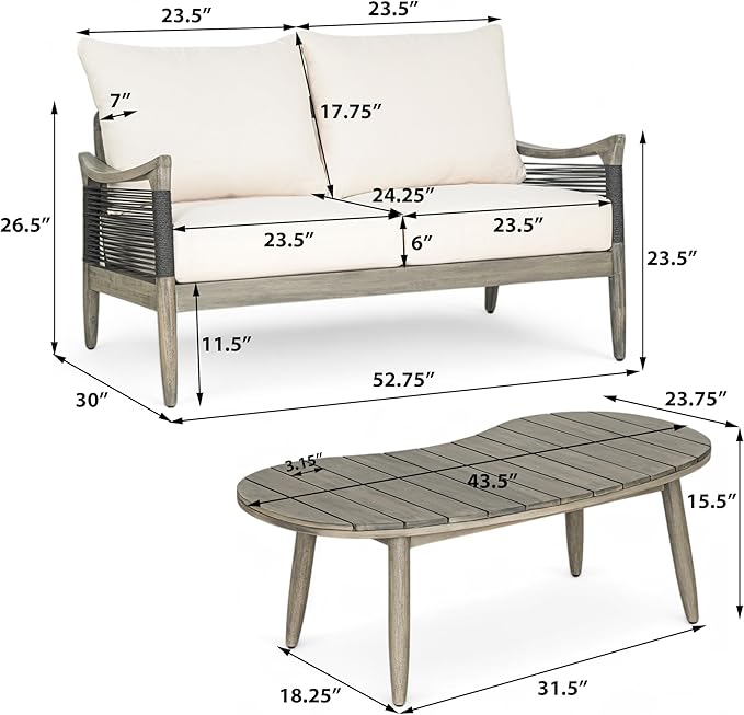 Christopher Knight Home Havets 2 Piece Patio Conversation Sets, Outdoor Acacia Wood Patio Seating Group,Woven Rope Loveseat with Cushions and Coffee Table for Porch Garden Backyard Balcony, Gray+Beige