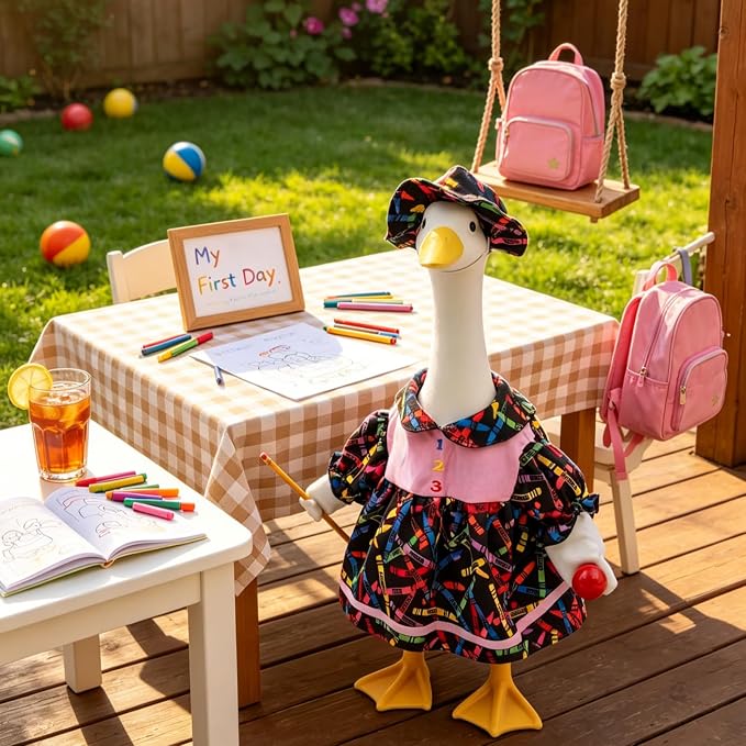 Back to School Porch Goose Outfits For 23" Cement Plastic Geese Statue | First Day of Goose Clothes for School Classroom Cement Goose Outdoor Garden Yard Decor