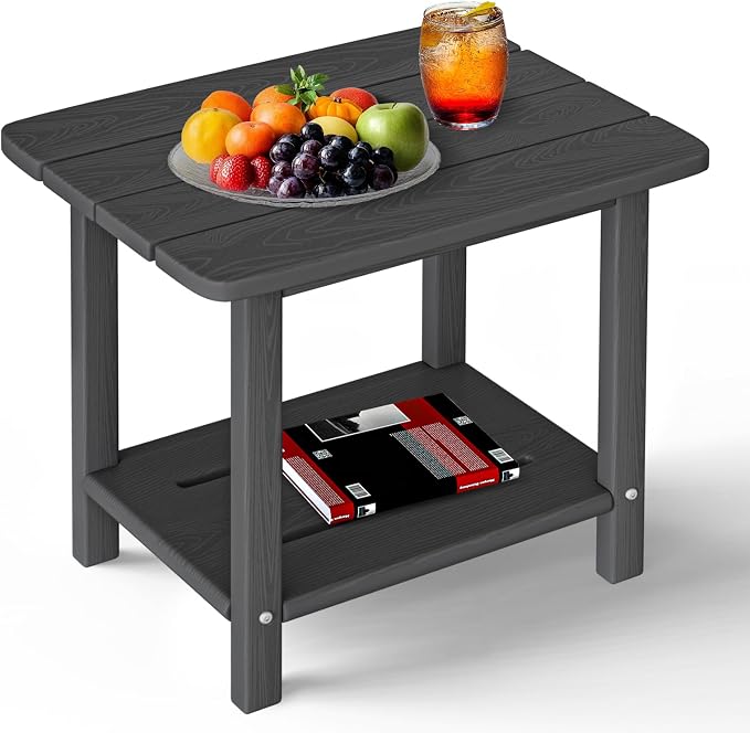 nevilywood 2-Tier End Table, Outdoor Adirondack Side Tables, Whether resisted HDPE, Wood Texture - Poolside, Patio,Lawn & Grey