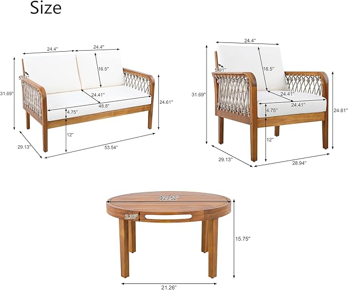 Merax 4-Piece Outdoor Acacia Wood Patio Conversation Set, 2 Club Chairs + Loveseat & Coffee Table with Handwoven Rope & Cushions, Furniture Set for Garden, Balcony, Poolside, Teak