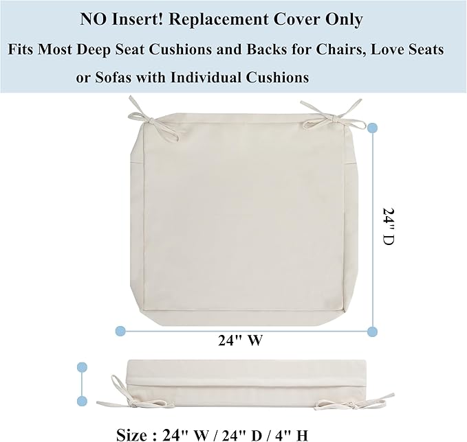 FUNHOME 2 Pack Outdoor Cushion Covers 24" x 24" x 4", No Insert! Water-Resistant Patio Chair Seat Cushion Covers with Zipper and Tie, Replacement Cover Only(Cream White)