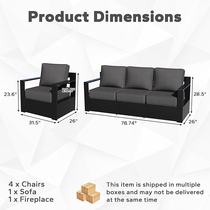 Outdoor Aluminum Furniture Set, 6-Piece Patio Conversation Set, 4 Chairs 1 Sofa and 1 Fireplace, All-Weather Metal Frame, 6" Thick Removable Cushions, Deep Setting for Garden, Poolside and Porch