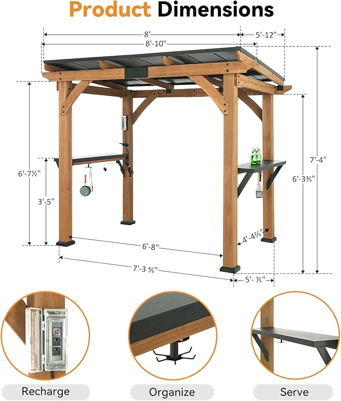 Modern Shade Grill Gazebo 6' X 8', Cedar Wood Gazebo with Shelves and Paper Towel Holder, Outdoor Bar with Galvanized Steel Roof, USB and USB-C Charging Ports, Outdoor Patio Bars for Backyard