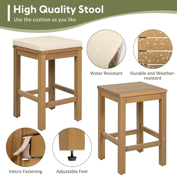 5 Piece Outdoor Bar Set, Patio Acacia Wood Bar Height Table & Four Stools with Cushions, Wood Dining Bar Set for Backyard, Poolside, Balcony