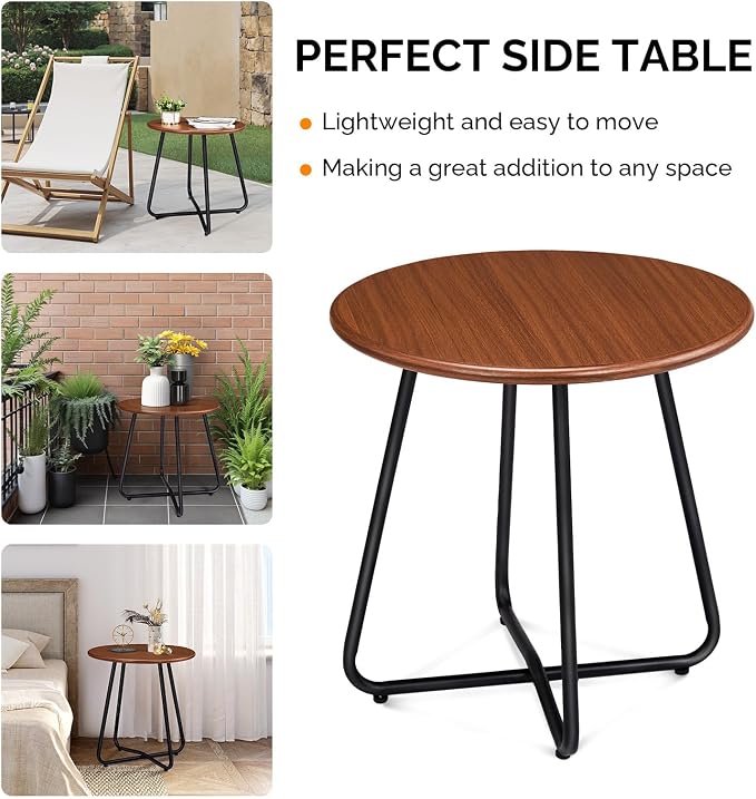 Outvita Indoor and Outdoor Side Table, Small Patio Side Table, Metal Round Portable Waterproof Weather Resistant End Table for Patio, Garden, Balcony, Yard, Wood Grain Color, Set of 2